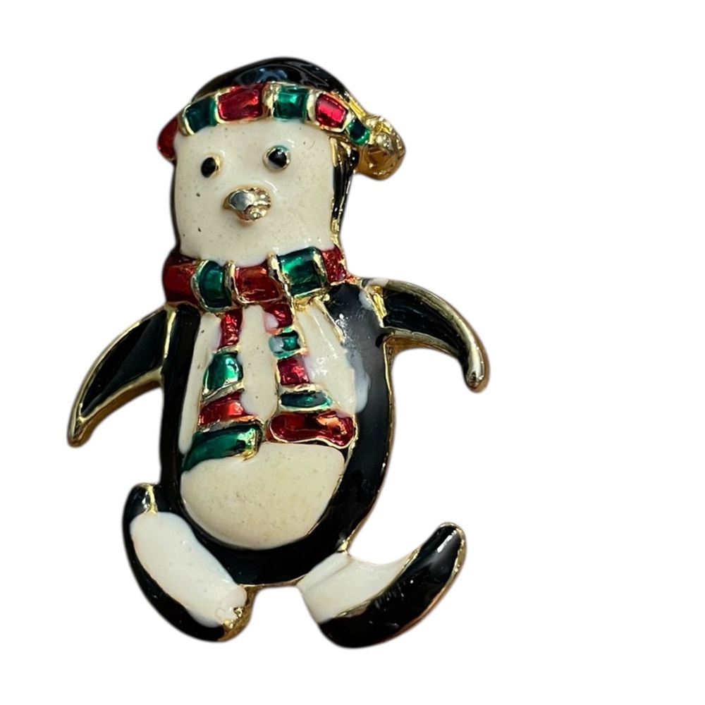 Christmas Penguin Enamel Brooch Pin Holiday Jewelry Festive Winter‎ Hat Scarf